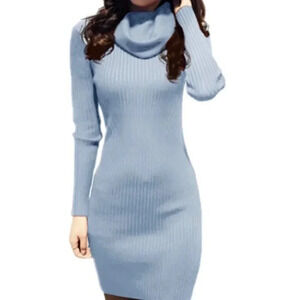 EXCLUSIVECB RIBBED KNIT FITTED COWL NECK LONG SLEEVE SWEATER DRESS
